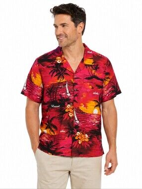 Aloha Mo'I Men's Hawaii Palmtree Red Multicolor Short Sleeve Shirt Size Small